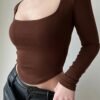 Chic Y2K Solid Square Neck Crop Top Comfy Long Sleeve Tee