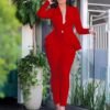 Chic Solid Bodycon Tunic Pantsuit Deep V-Neck