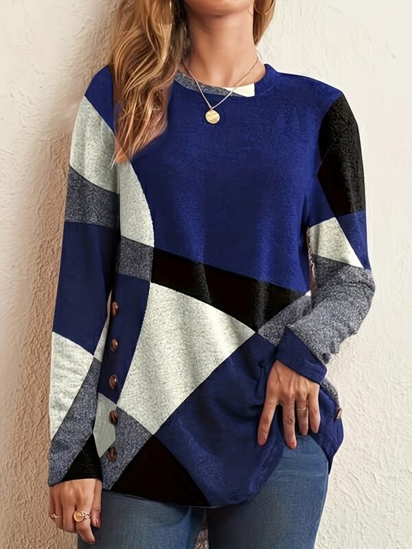 Block Long Sleeve T-shirt with Button Detail Comfortable