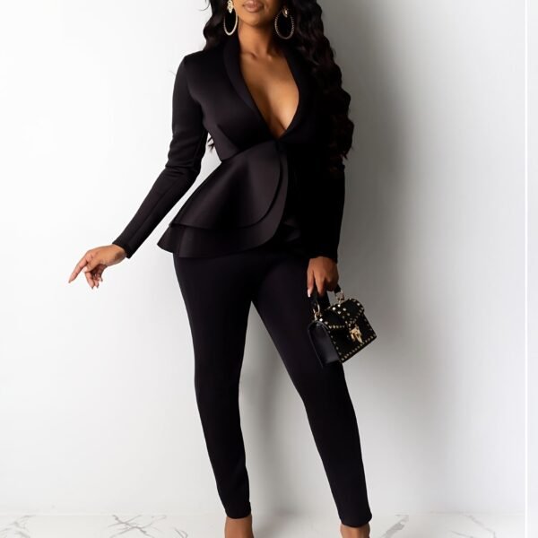 Chic Solid Bodycon Tunic Pantsuit Deep V-Neck