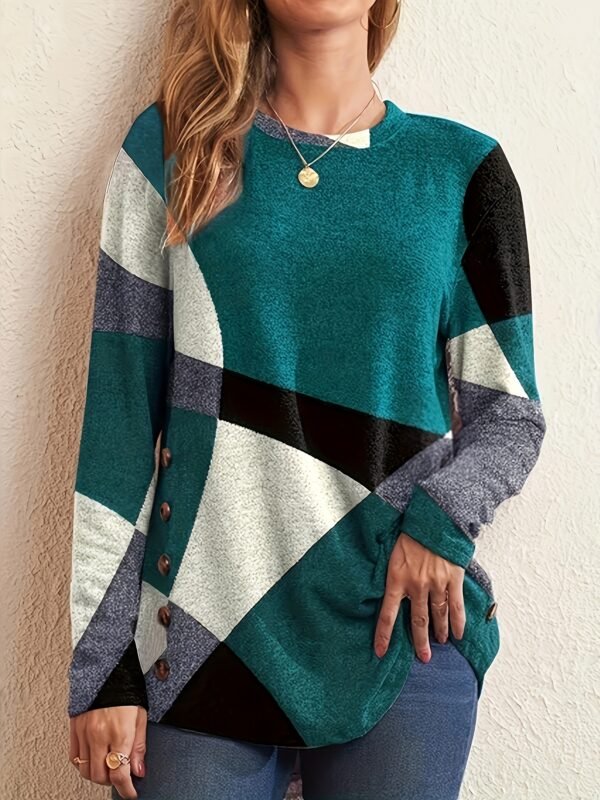 Block Long Sleeve T-shirt with Button Detail Comfortable