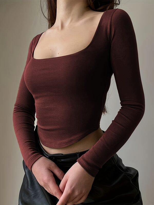 Chic Y2K Solid Square Neck Crop Top Comfy Long Sleeve Tee