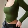 Chic Y2K Solid Square Neck Crop Top Comfy Long Sleeve Tee