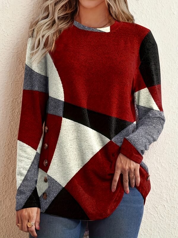 Block Long Sleeve T-shirt with Button Detail Comfortable