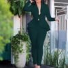 Chic Solid Bodycon Tunic Pantsuit Deep V-Neck