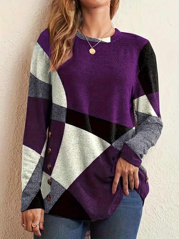 Block Long Sleeve T-shirt with Button Detail Comfortable