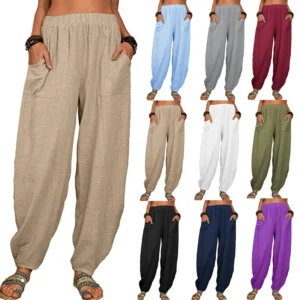 Harem Pants  Vintage Cotton Linen Pants Elastic Waist Wide