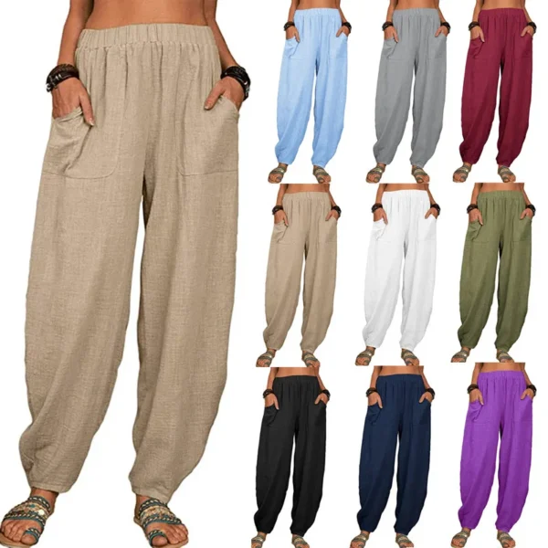 Harem Pants  Vintage Cotton Linen Pants Elastic Waist Wide