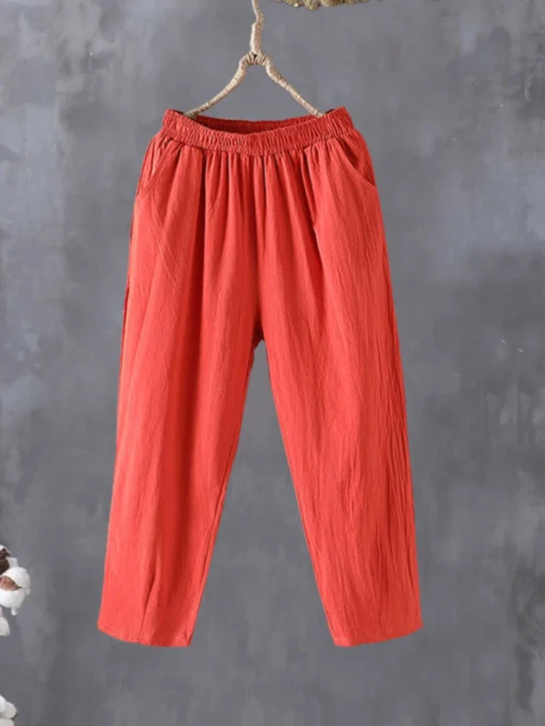 Pants Casual Cotton Linen LOOSE Solid Ankle-Length Pants Elastic Waist