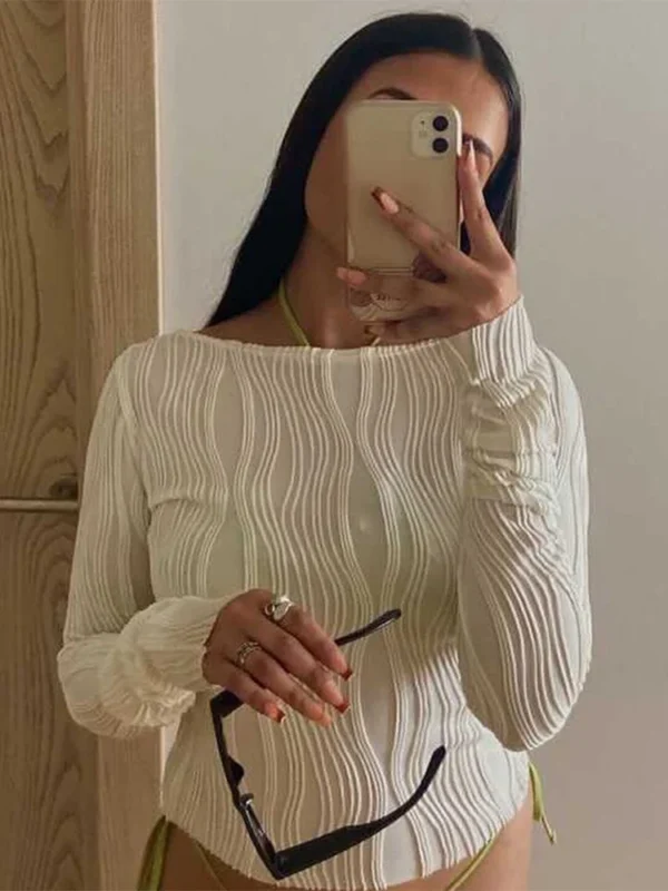 Casual Ruched Long Sleeve T-shirt Blouses Skinny Cropped Bottoming Shirt