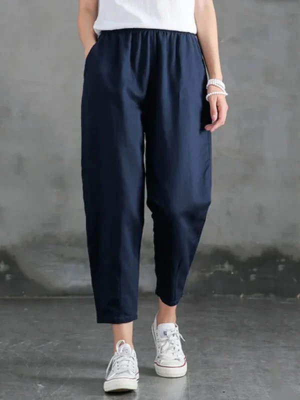 Pants Casual Cotton Linen LOOSE Solid Ankle-Length Pants Elastic Waist