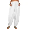 Harem Pants  Vintage Cotton Linen Pants Elastic Waist Wide