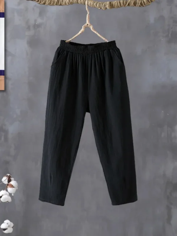 Pants Casual Cotton Linen LOOSE Solid Ankle-Length Pants Elastic Waist