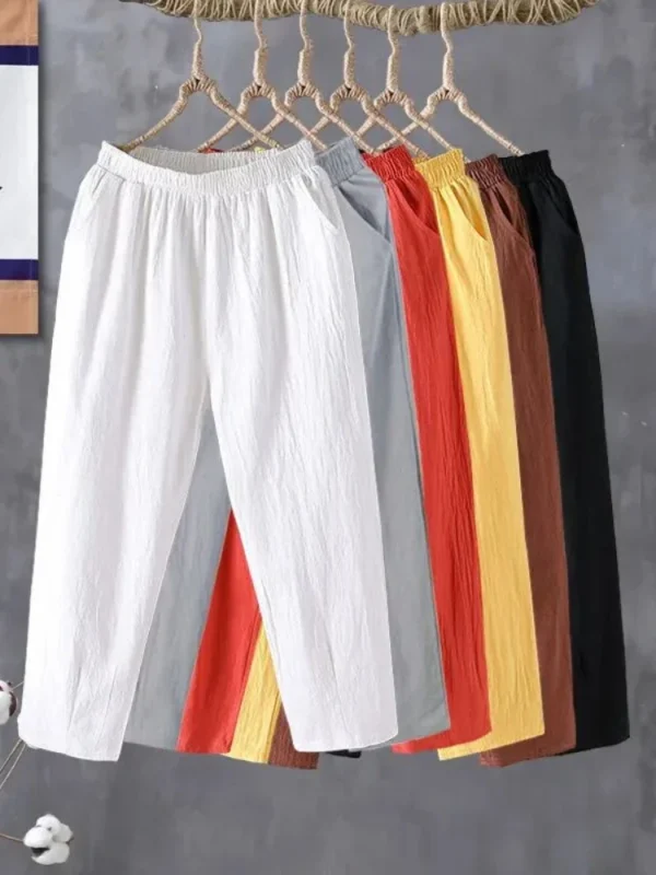 Pants Casual Cotton Linen LOOSE Solid Ankle-Length Pants Elastic Waist