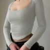 Chic Y2K Solid Square Neck Crop Top Comfy Long Sleeve Tee