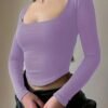 Chic Y2K Solid Square Neck Crop Top Comfy Long Sleeve Tee