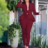Chic Solid Bodycon Tunic Pantsuit Deep V-Neck