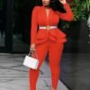 Chic Solid Bodycon Tunic Pantsuit Deep V-Neck