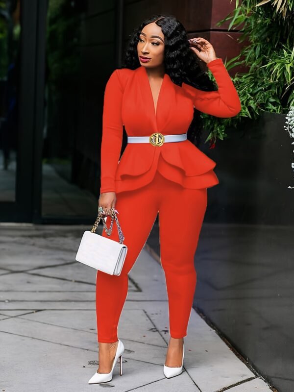Chic Solid Bodycon Tunic Pantsuit Deep V-Neck