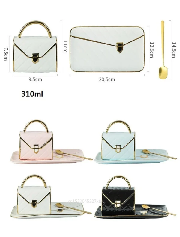 Creative handbag-shaped mug, saucer and spoon, Nordic ceramics.